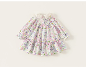 Close-up of white lace Peter Pan collar and colorful floral print on cotton dress