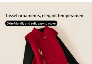 Detail of red Chinese New Year vest with traditional frog buttons and gold tassel charms