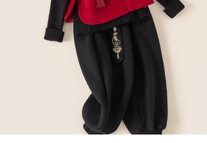 Detail of red vest and black trousers with traditional Chinese embroidery decoration