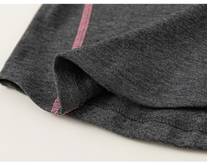 Detail of flatlock seam stitch on dark grey heather knit long sleeve girl's t-shirt
