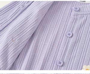 Close-up of lavender knit cardigan with daisy embroidery and ribbed texture for girls