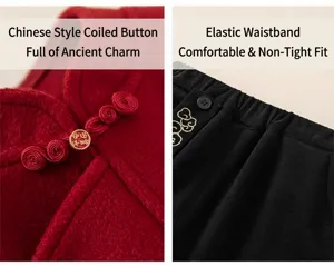 Detail of traditional Chinese frog buttons and elastic waistband on girls' red winter set