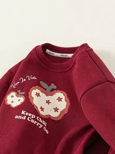 Bordeauxrode kindersweater met appelafbeelding en artistieke Viva La Vida-print