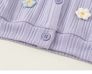Close-up of lavender knit cardigan with 3D floral appliques and vertical ribbed texture