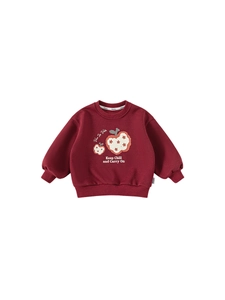 Rode katoenen sweater voor kinderen met bloemen appelafbeelding en ronde halslijn