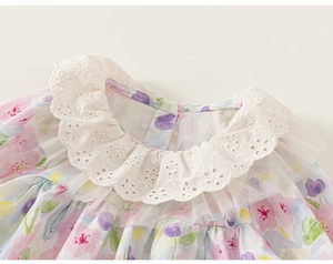 Detail of girls' floral dress with white lace ruffle collar and mesh embroidery