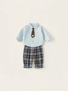 Toddler boys dress set with blue shirt bear tie and plaid pants for formal occasions