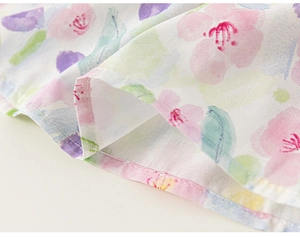Detail of floral girl's dress showing high-quality stitching and soft cotton fabric