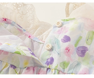 Close-up of girls' floral dress with delicate lace collar and button back detail