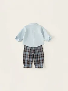 Gentleman boys' light blue shirt and plaid pants set for autumn campus style outfit