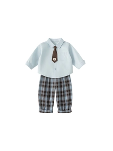 Gentleman baby boy suit set with light blue shirt, bear necktie and plaid trousers