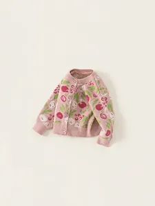Rosa Strickjacke für Kleinkinder mit süßen Erdbeer- und Blumen-Jacquard-Mustern