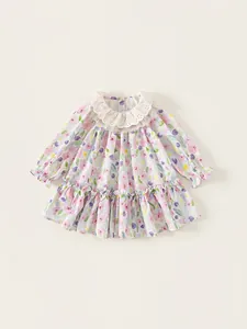 Toddler Girls Sweet Floral Long Sleeve Dress And Purple Knit Cardigan Two-Piece Set Lace Peter Pan Collar Kids Clothing