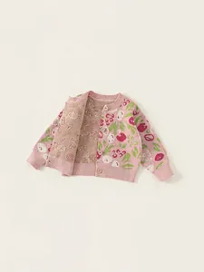 Mädchen Strickjacke in Rosa mit rotem Blumen-Jacquardmuster und Rundhals-Knopfleiste