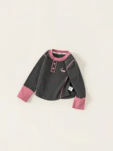 Girls long-sleeve tee with pink contrast collar and cute cartoon duck embroidery