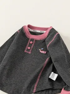 Girls long sleeve heather grey henley t-shirt with pink trim and cute puppy embroidery