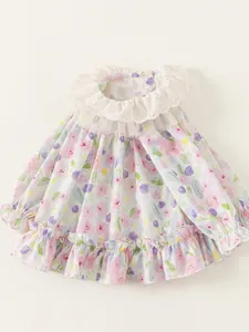 Floral cotton toddler dress with lace collar and long sleeves for spring season