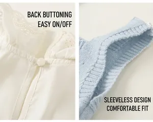 Detail of girls' white lace collar shirt with back button and blue knit vest set
