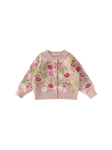 Rosa Strickjacke für Mädchen mit Blumenmustern und Rippbündchen für den Frühlingskomfort