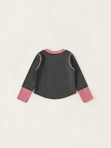 Stylish long sleeve toddler girl t-shirt in grey with pink rib knit trim and stitching