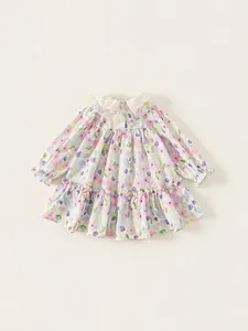 Floral print long sleeve cotton toddler dress with delicate white lace collar and ruffles