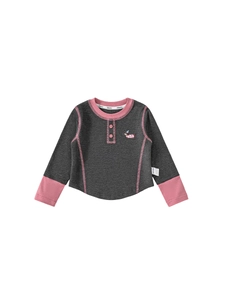 Girls long sleeve grey cotton t-shirt with pink contrast stitching and puppy embroidery