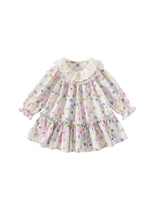 Floral baby girl long sleeve dress with white lace collar and ruffled hem for spring