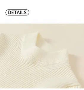 Close-up of cream rib-knit sweater featuring a cozy turtle neck and soft texture