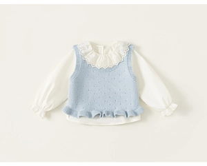 Close-up of girls' cotton shirt with intricate white lace Peter Pan collar and ruffles
