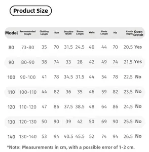 Detailed size chart for boys white shirt and trousers set with measurements for fit