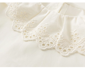 Detailed view of the layered ruffle collar with delicate floral eyelet embroidery