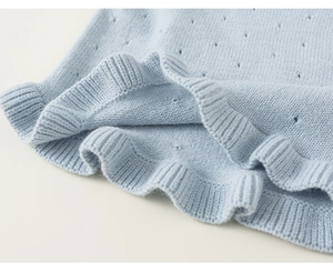 Detailed macro view of light blue pointelle knit fabric with delicate ruffle hem finish