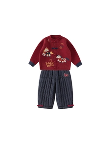 Kinderen nieuwjaar vest in rood met cartoon paard en gewatteerde katoenen broek voor de winter