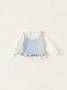 Girls Sweet Two Piece Clothing Set Cotton White Lace Collar Shirt And Light Blue Knit Vest For Spring Autumn Kids Outfit