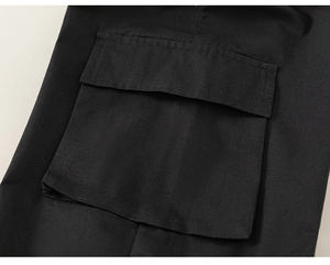 Detailed close-up showing black cargo pants pocket texture and precise stitching