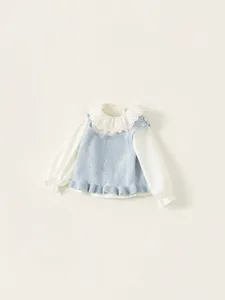 Girls 2-piece set with white lace collar shirt and blue hollow knit vest top