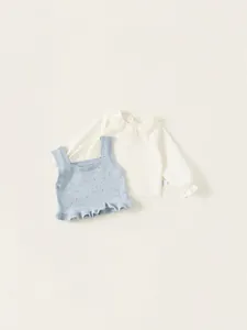 Girl's knit hollow vest and white lace collar shirt two-piece casual fashion set