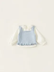 Two-piece girls' set with a white lace-collar shirt and blue knitted vest top