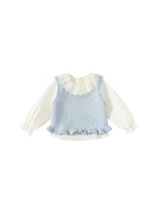 Girl's sweet knit vest and hollow lace collar shirt two-piece fashion casual set