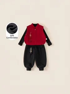 Children Winter Chinese Style Fleece-Lined Three-Piece Set Boys Girls Thickened Warm Vest Long Sleeve Top Pants Kids Outfit