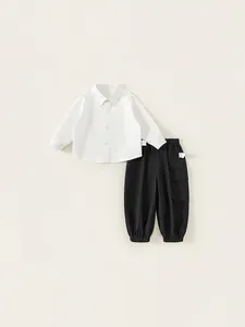 Boys Casual Clothing Set Cotton White Long Sleeve Shirt Cargo Pants Two Piece Outfit Kids Spring Autumn Wear Minimalist Style