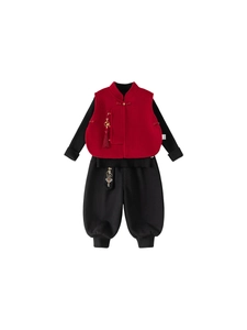 Girls 3-piece Chinese New Year set with red vest, black knit top and joggers