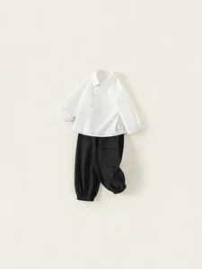 Classic kids white long sleeve shirt and black cargo jogger pants two piece set