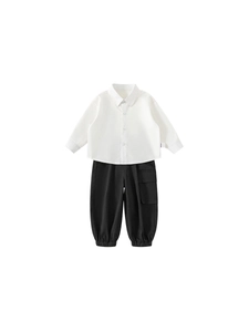 Classic white long-sleeve shirt and black joggers set for boys, casual two-piece outfit