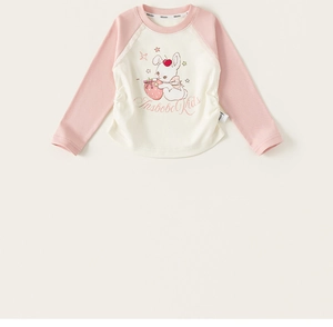 Close-up of girls' cotton long sleeve tee with raglan sleeves and cute rabbit print