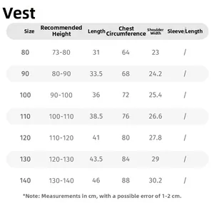 Size chart for children's vest showing height, length, and bust measurements for sizes 80-140