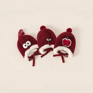 Bonnet en Tricot pour Enfants avec Cache-oreilles Hiver Chaud Beanie avec Grands Yeux Cerise Pomme Doublé Polaire Acrylique
