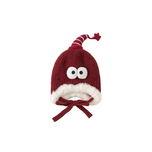 Bonnet tricoté rouge pour enfants avec cache-oreilles, grands yeux et bordure en peluche