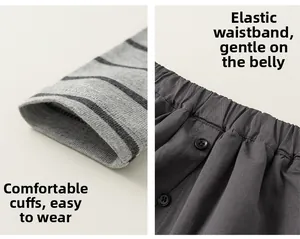 Detail of striped cotton cuffs and elastic waistband with buttons on casual kids' suit