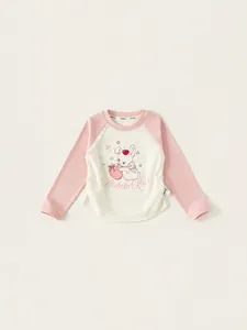 Kids Girls Long Sleeve T-Shirt Raglan Sleeve Cartoon Rabbit Strawberry Printed Round Neck Cotton Top Cream White Pink